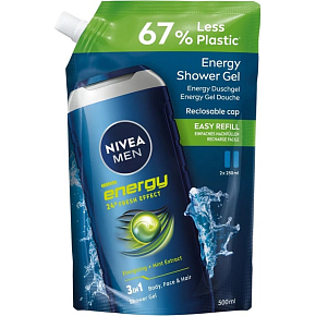 NIVEA MEN sprchový gel Fresh Energy, náhradní náplň 500 ml